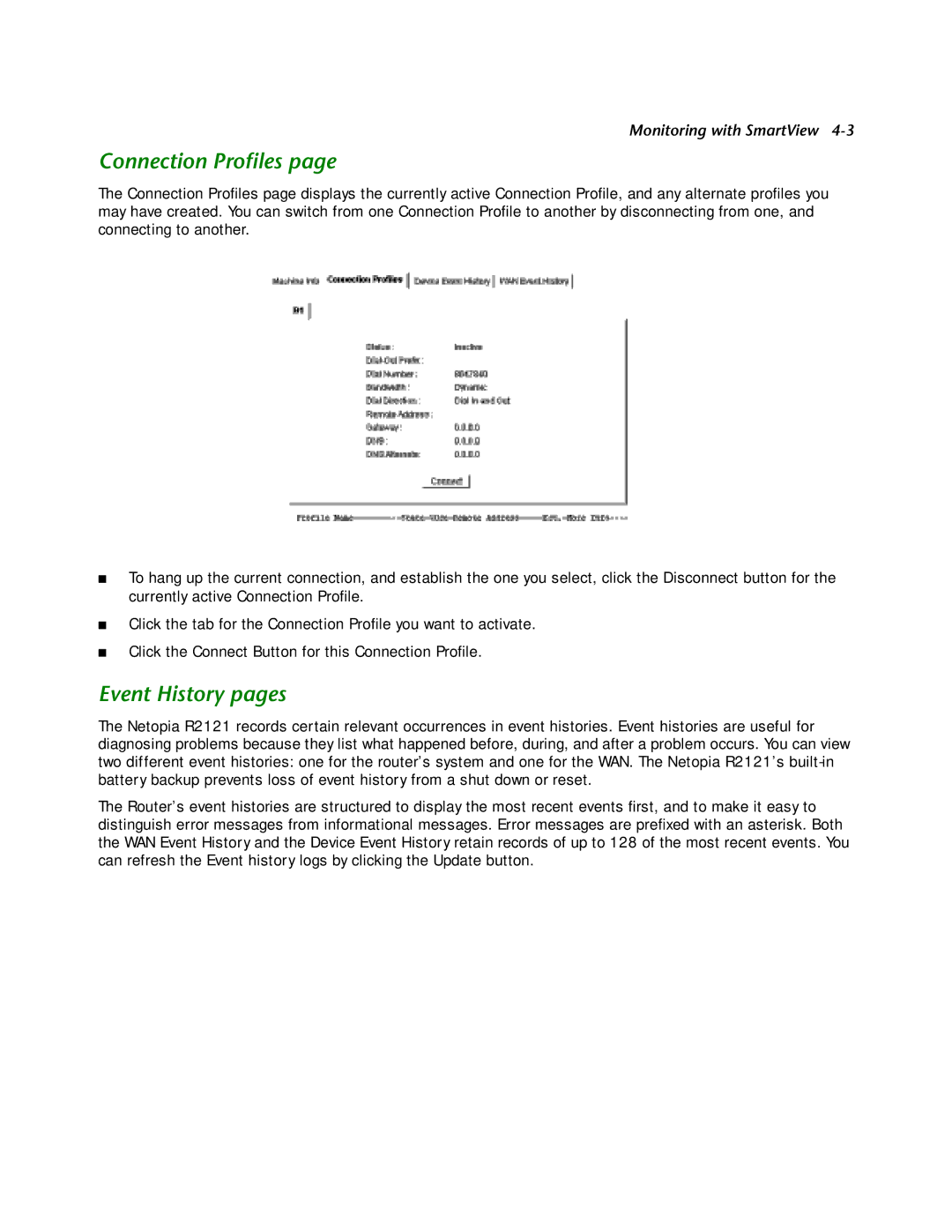 Netopia R2121 manual Connection Proﬁles, Event History pages 