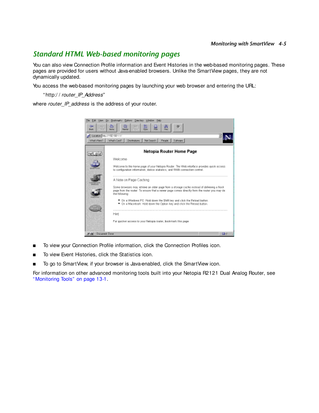 Netopia R2121 manual Standard Html Web-based monitoring pages, Http//routerIPAddress 