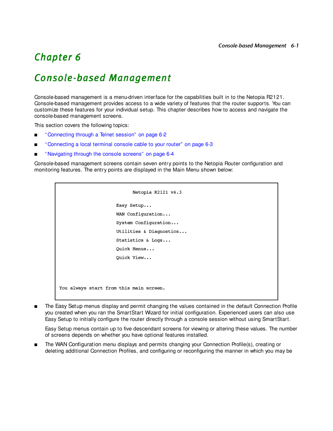 Netopia R2121 manual Chapter Console-based Management 