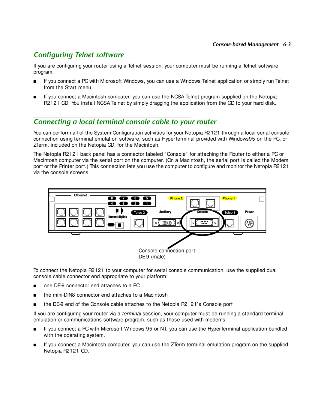 Netopia R2121 manual Conﬁguring Telnet software, Connecting a local terminal console cable to your router 