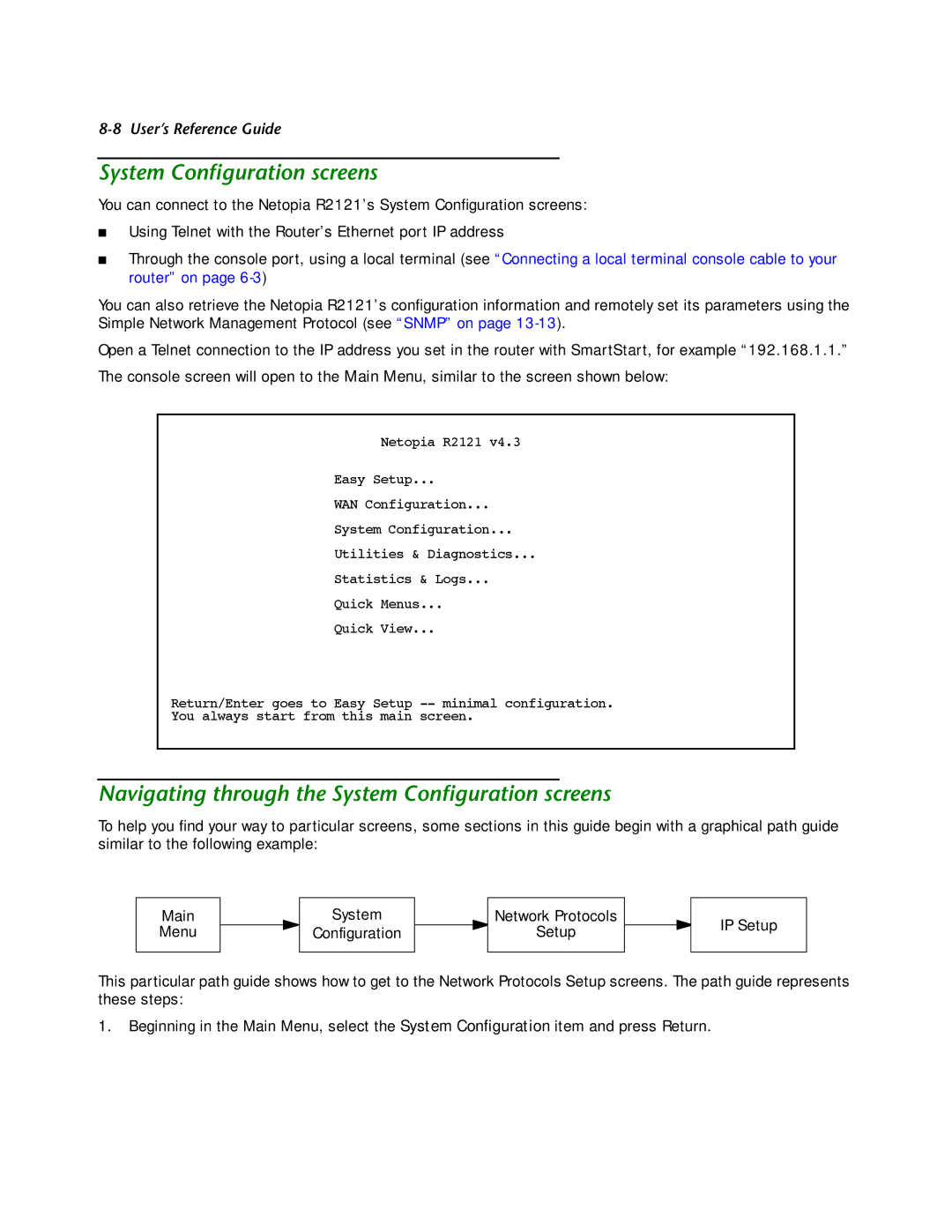 Netopia R2121 manual Navigating through the System Conﬁguration screens 