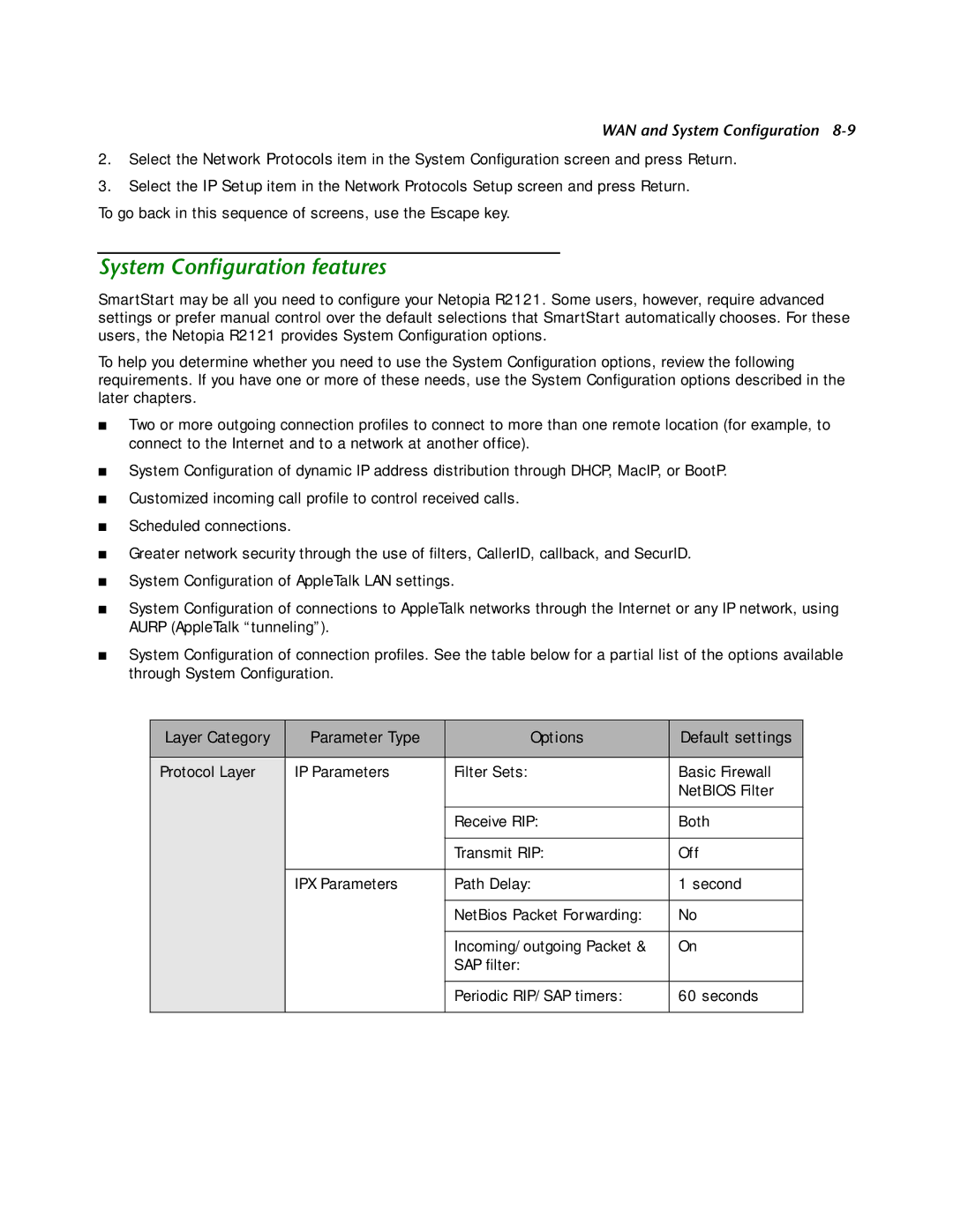 Netopia R2121 manual System Conﬁguration features 