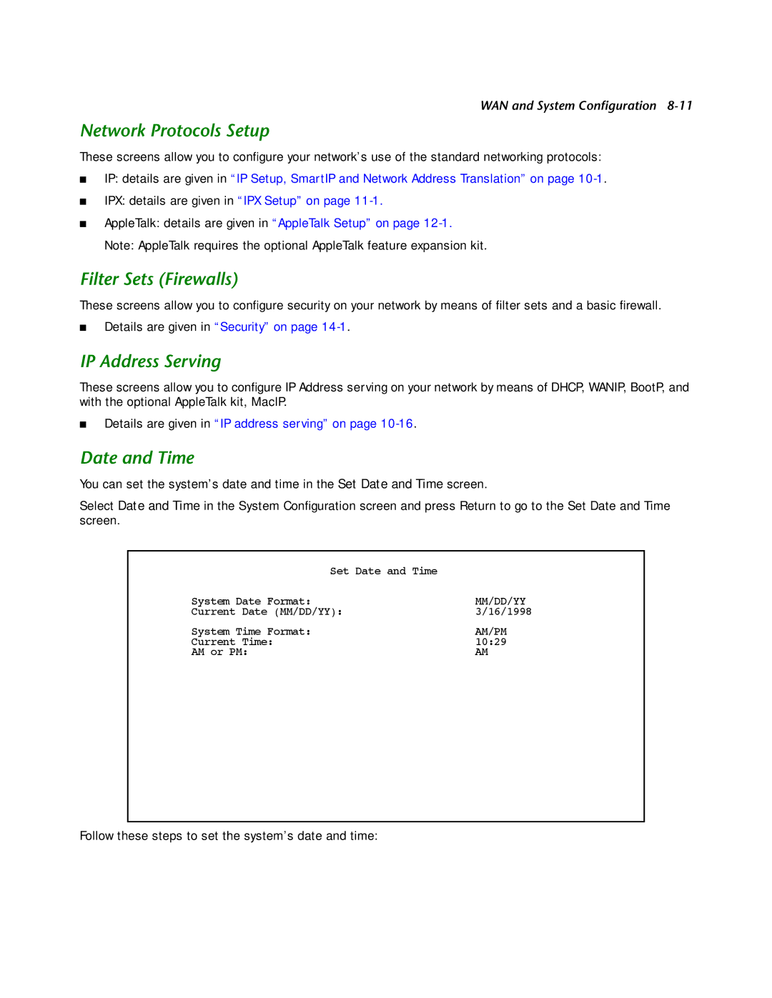 Netopia R2121 manual Network Protocols Setup, Filter Sets Firewalls, IP Address Serving, Date and Time 