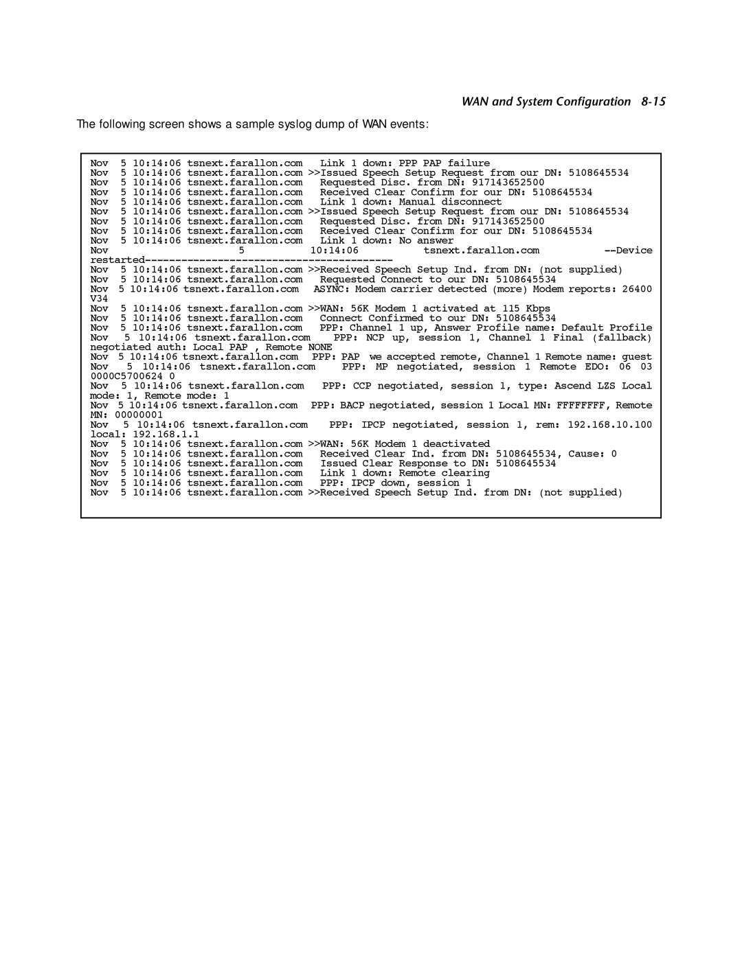 Netopia R2121 manual Following screen shows a sample syslog dump of WAN events 