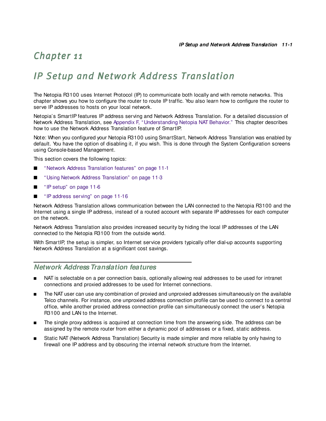 Netopia R3100 manual Chapter IP Setup and Network Address Translation, Network Address Translation features 