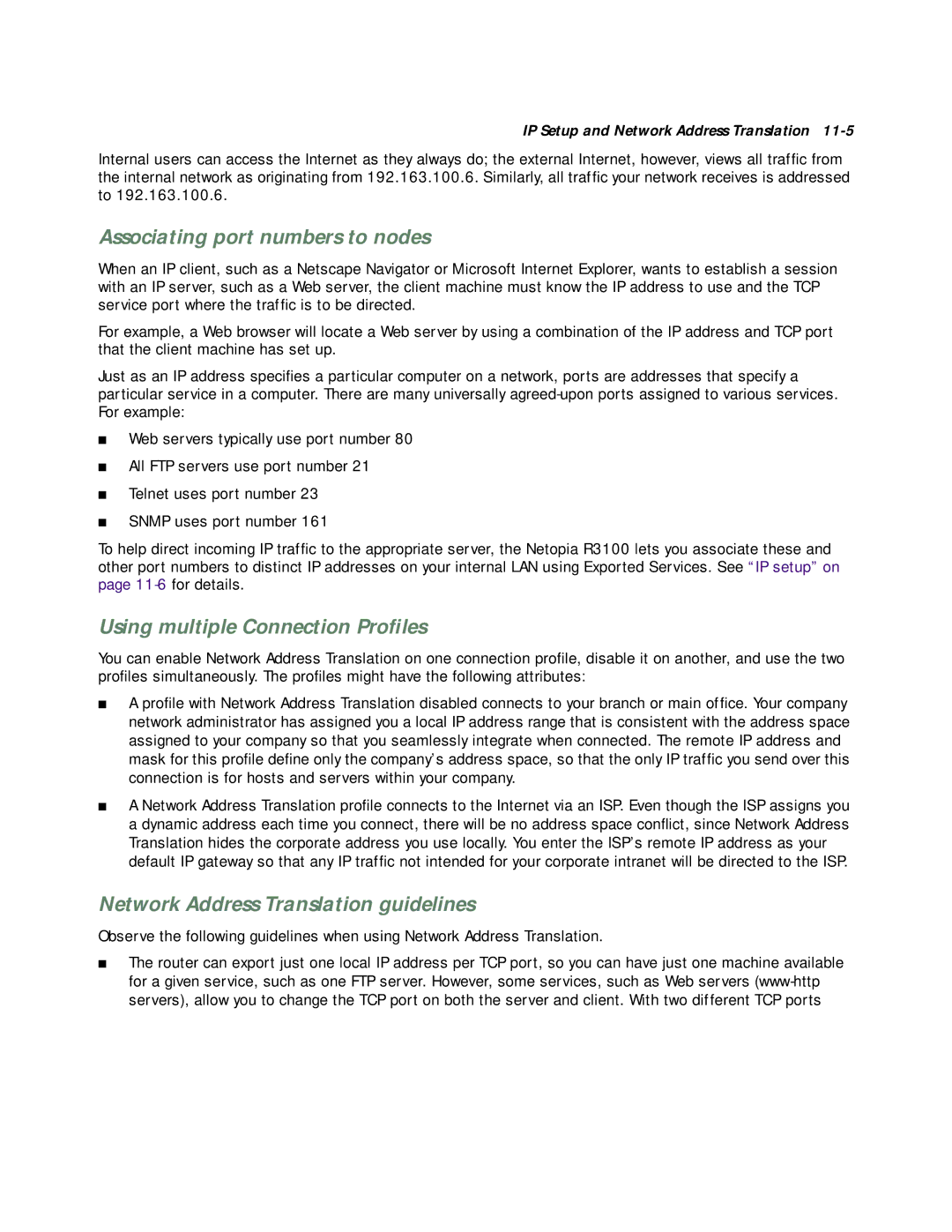 Netopia R3100 Associating port numbers to nodes, Using multiple Connection Proﬁles, Network Address Translation guidelines 