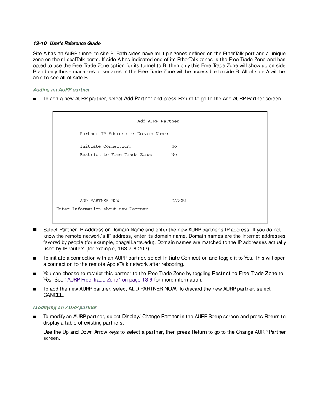 Netopia R3100 manual Adding an Aurp partner, Modifying an Aurp partner 