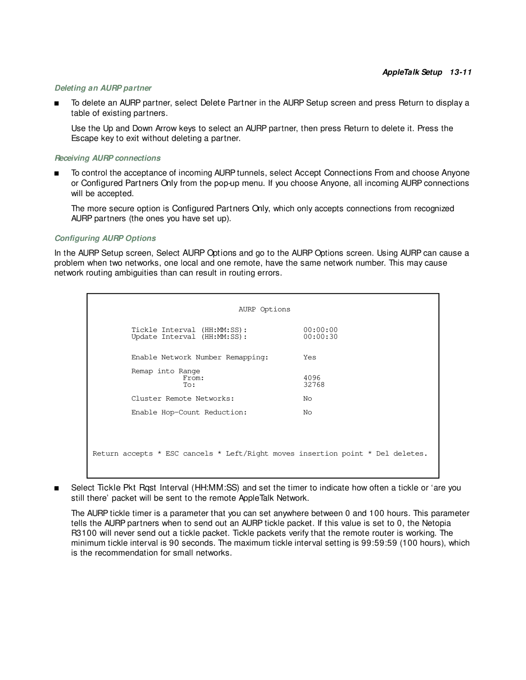 Netopia R3100 manual Deleting an Aurp partner, Receiving Aurp connections, Conﬁguring Aurp Options 