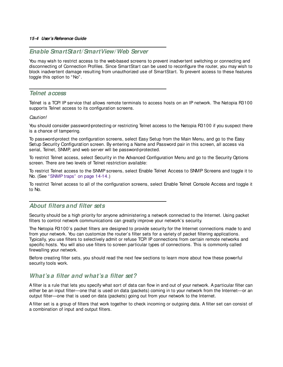 Netopia R3100 manual Enable SmartStart/SmartView/Web Server, Telnet access, About ﬁlters and ﬁlter sets 