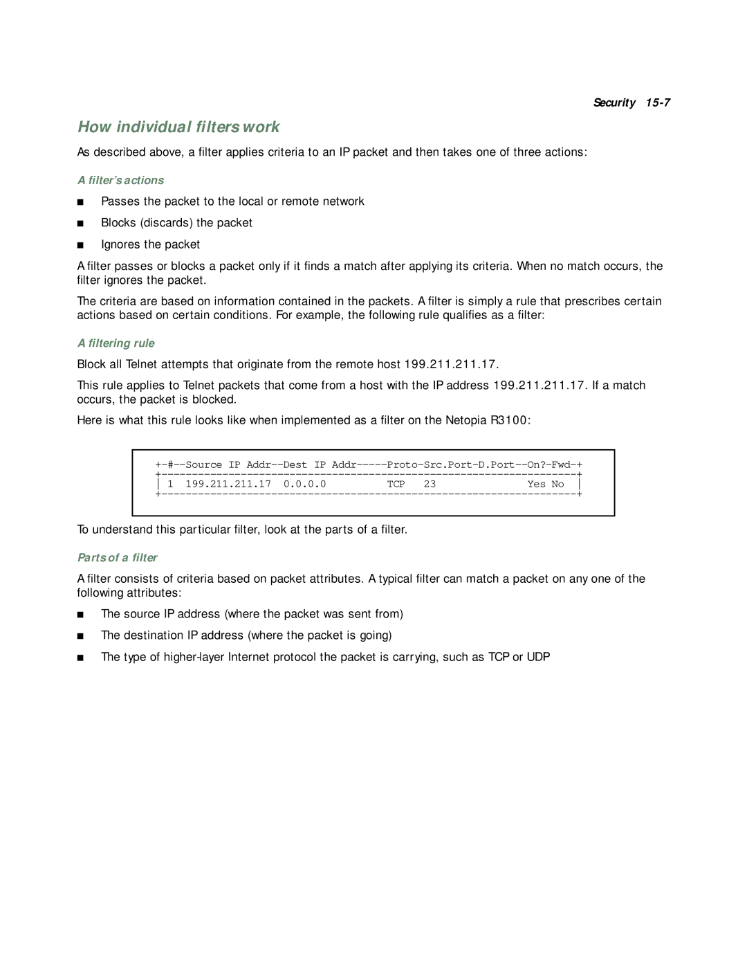 Netopia R3100 manual How individual ﬁlters work, ﬁlter’s actions, ﬁltering rule, Parts of a ﬁlter 