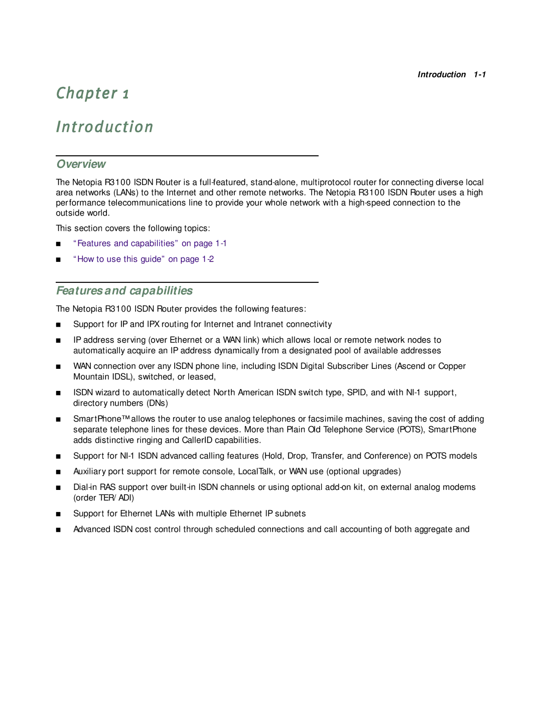 Netopia R3100 manual Chapter Introduction, Overview, Features and capabilities 