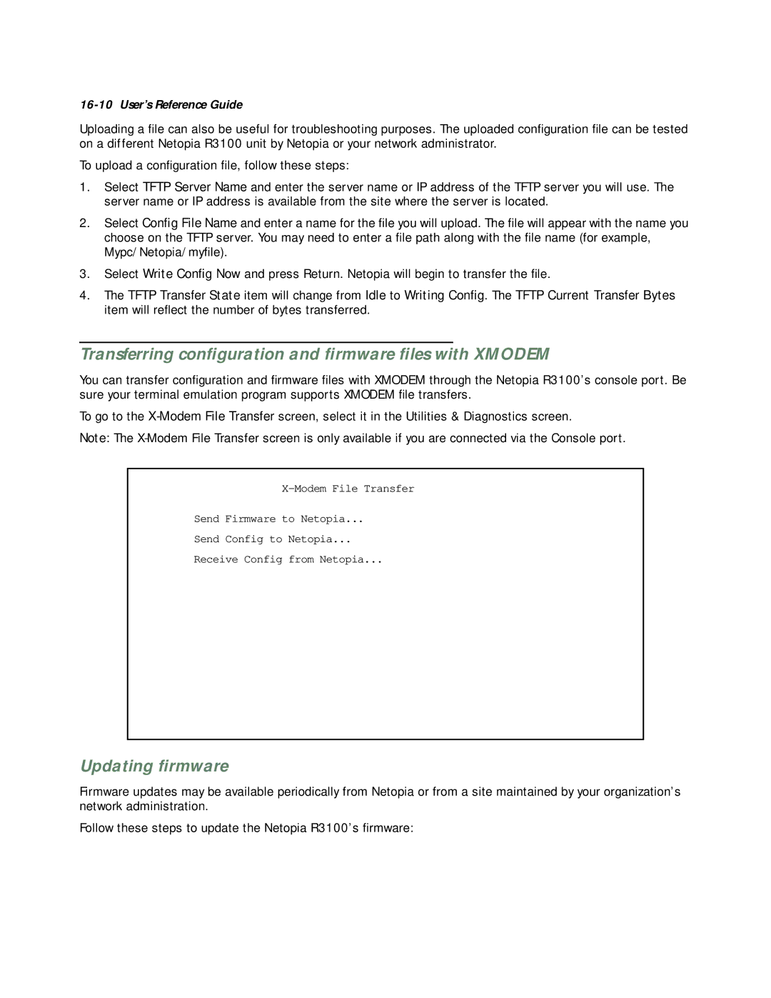 Netopia R3100 manual Transferring conﬁguration and ﬁrmware ﬁles with Xmodem 