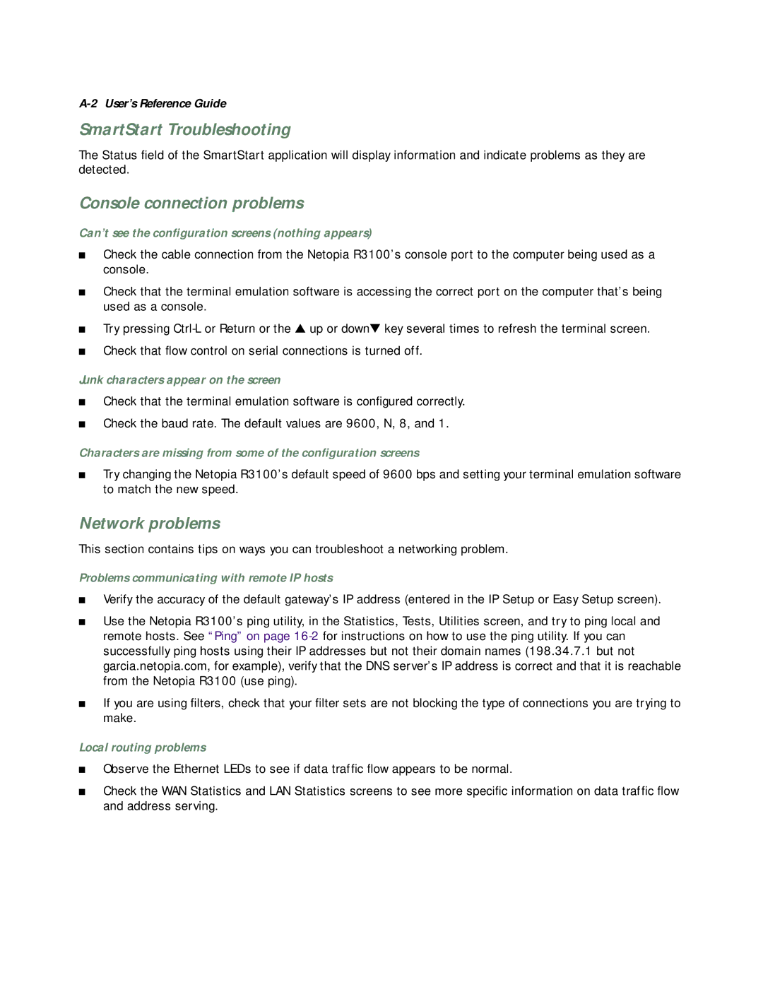 Netopia R3100 manual SmartStart Troubleshooting, Console connection problems, Network problems 