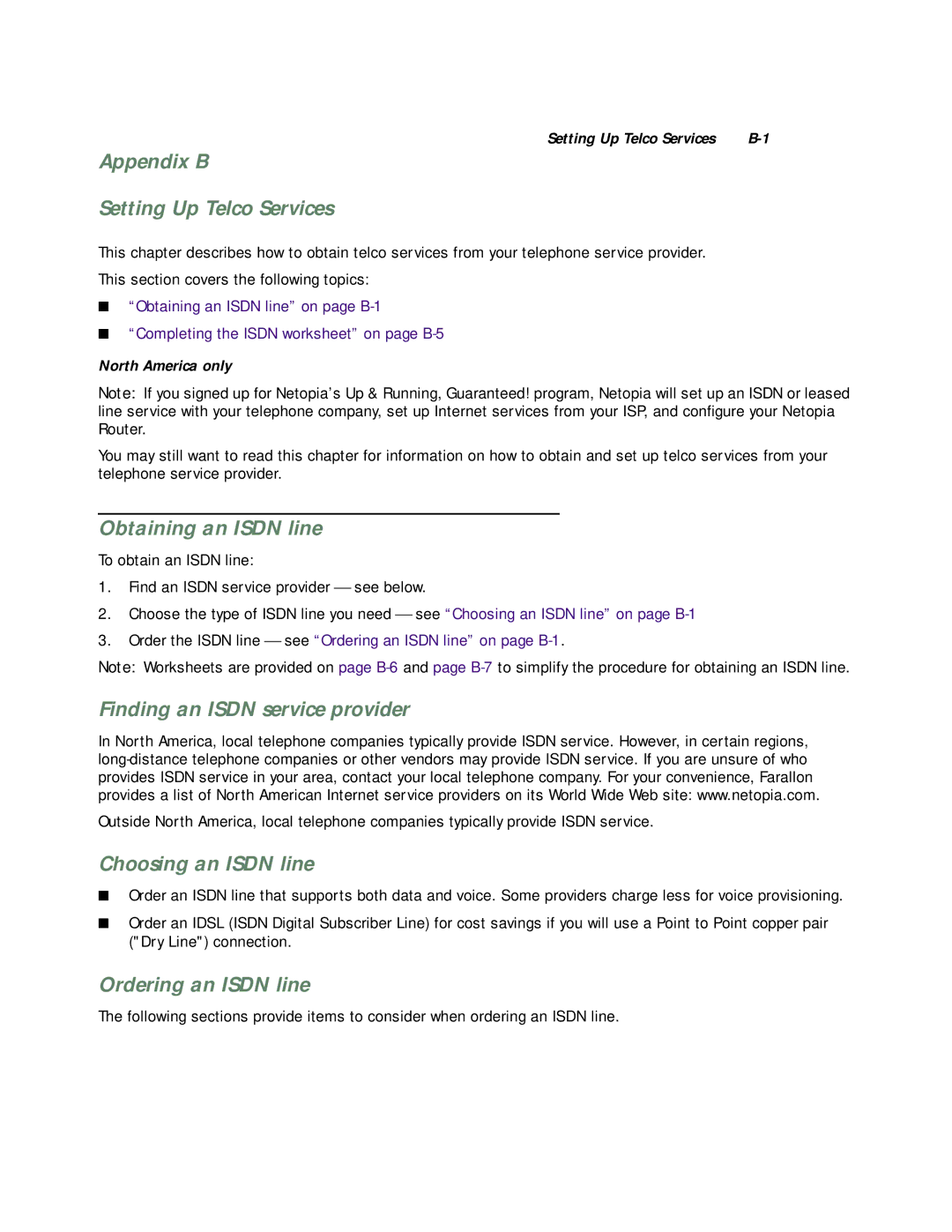 Netopia R3100 manual Appendix B Setting Up Telco Services, Obtaining an Isdn line, Finding an Isdn service provider 