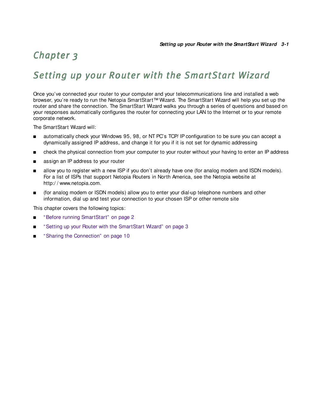 Netopia R3100 manual Chapter Setting up your Router with the SmartStart Wizard 