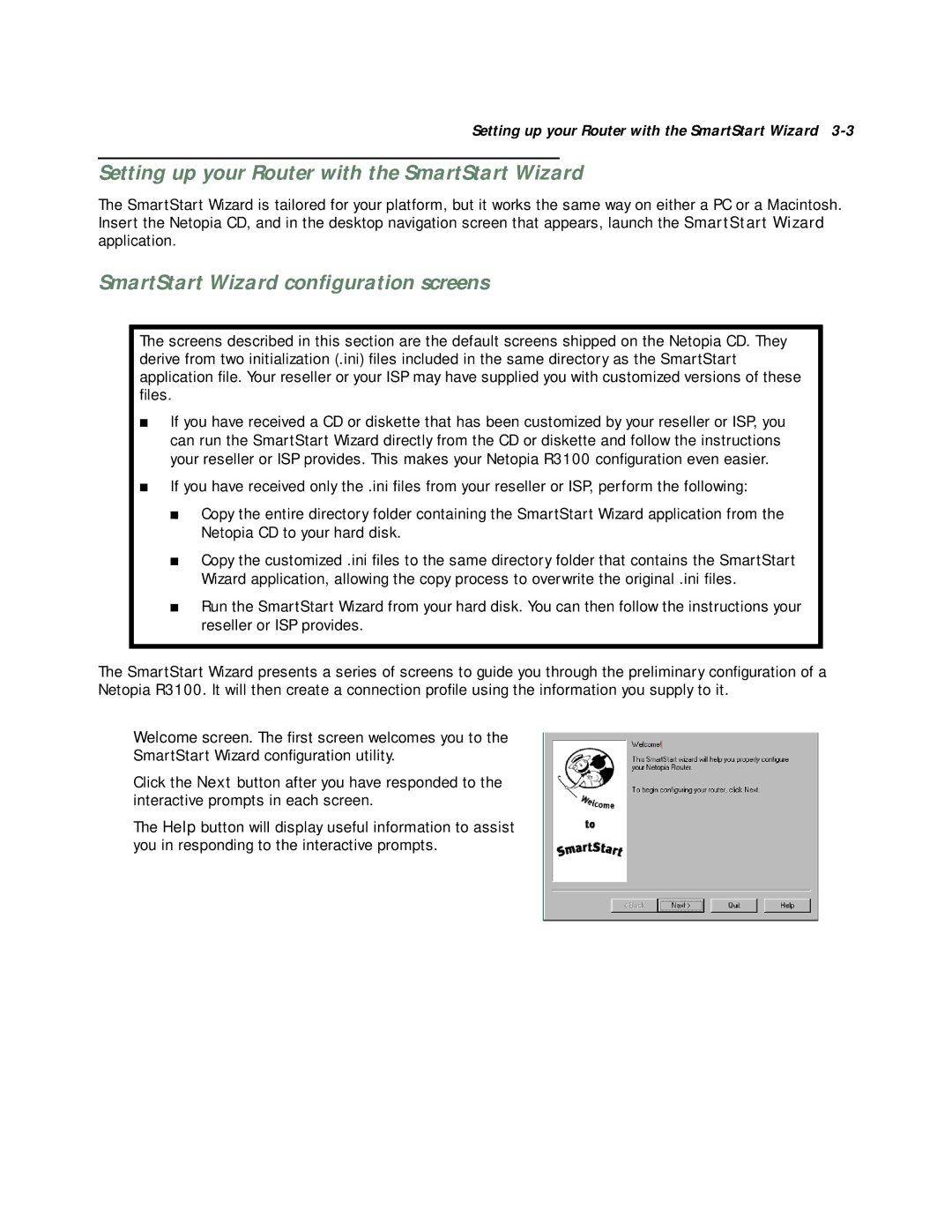 Netopia R3100 manual Setting up your Router with the SmartStart Wizard, SmartStart Wizard conﬁguration screens 