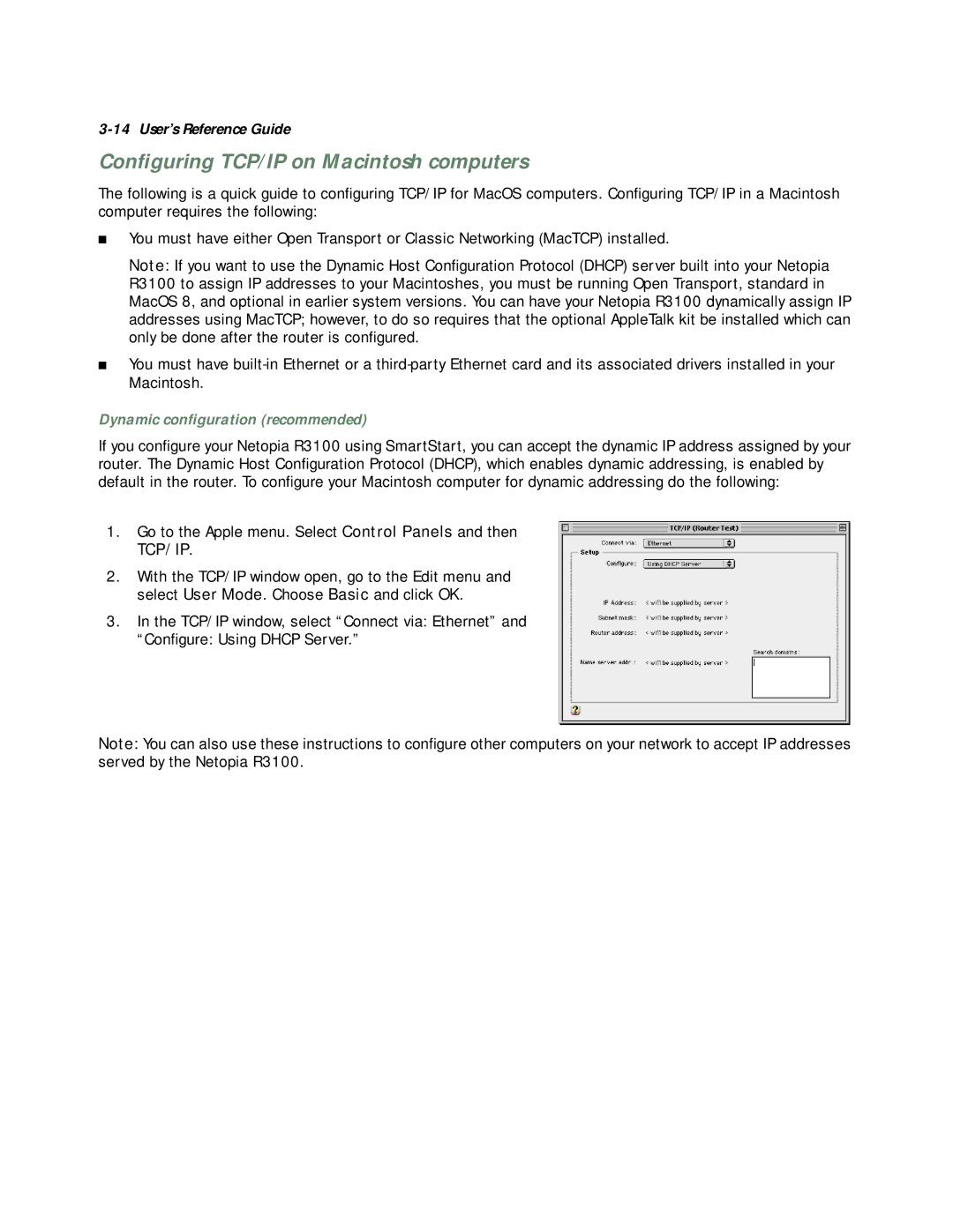 Netopia R3100 manual Conﬁguring TCP/IP on Macintosh computers, Tcp/Ip 