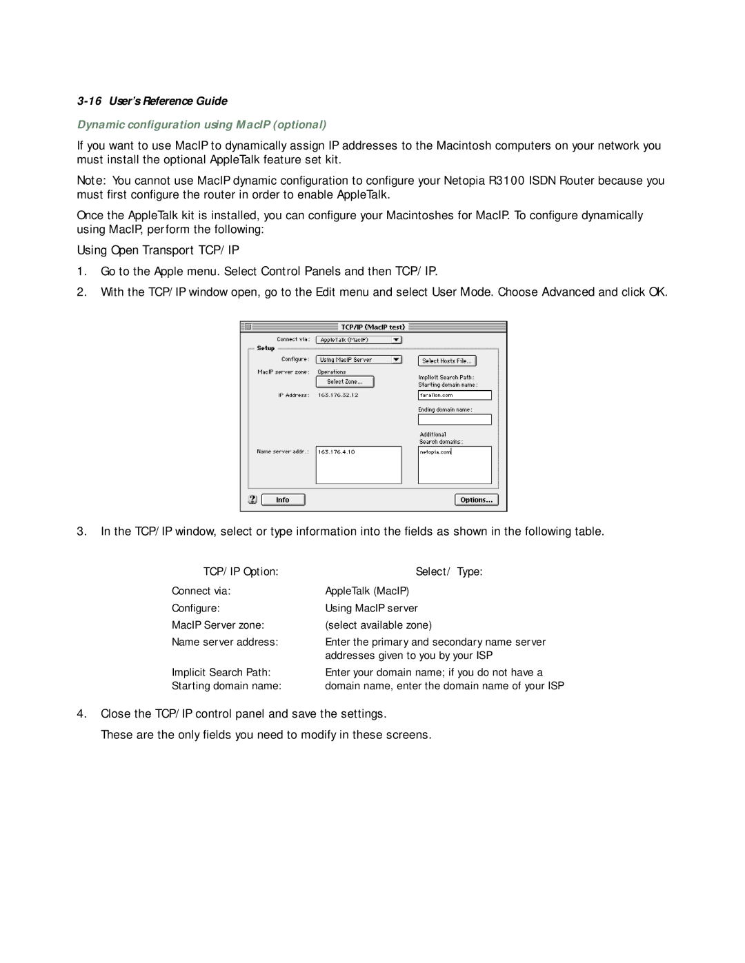 Netopia R3100 manual Dynamic conﬁguration using MacIP optional 