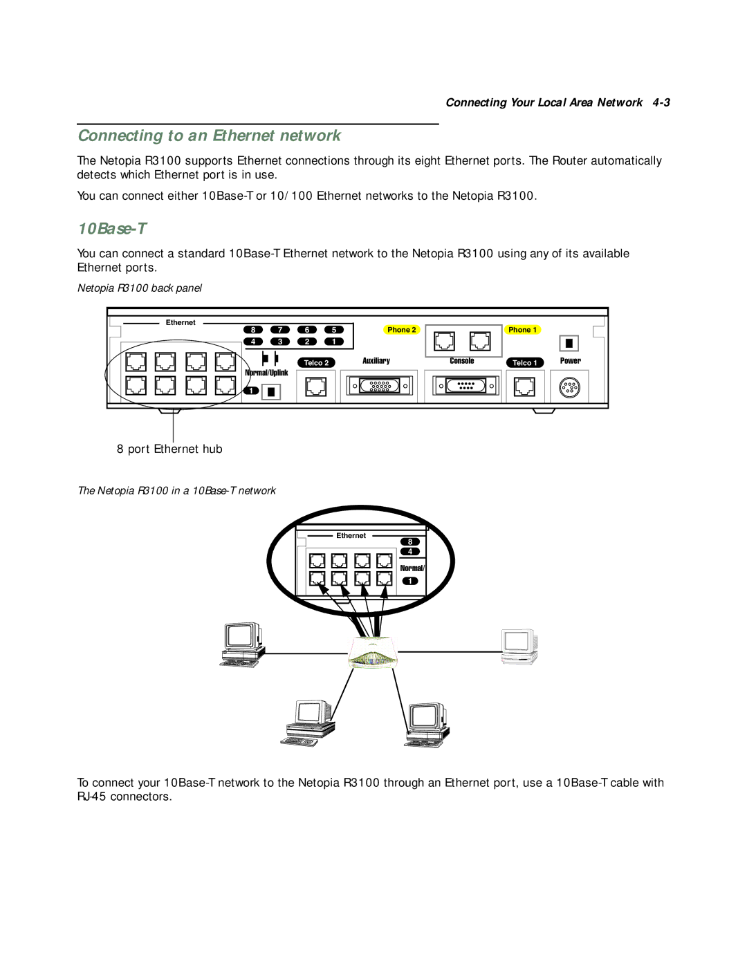 Netopia R3100 manual Connecting to an Ethernet network, 10Base-T 