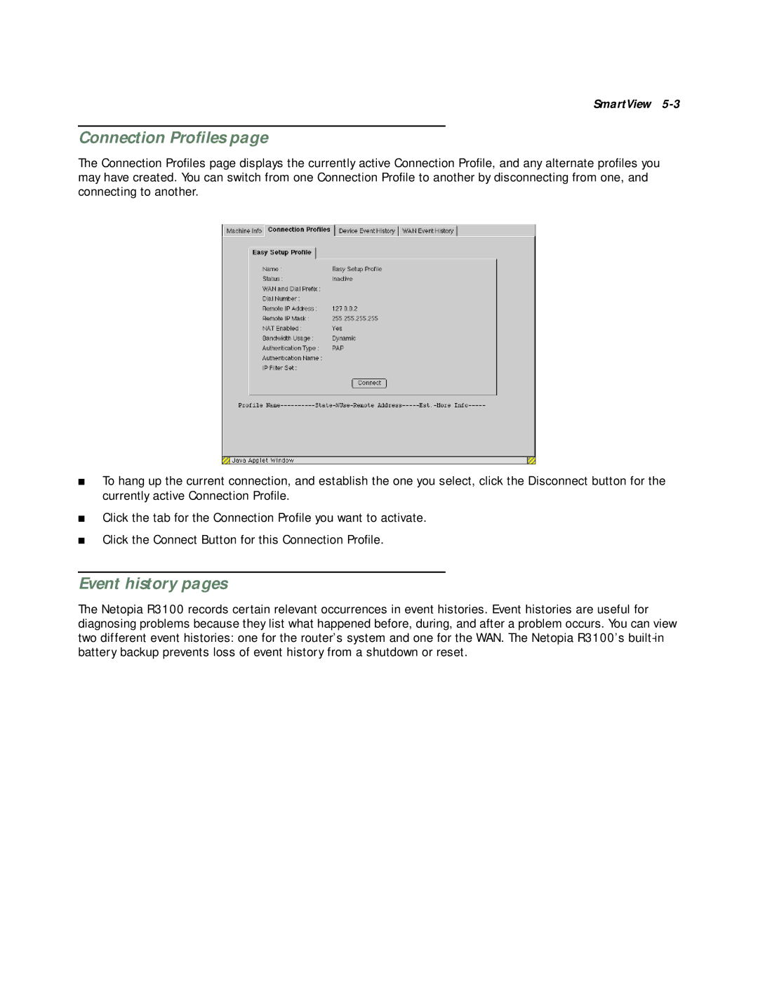 Netopia R3100 manual Connection Proﬁles, Event history pages 