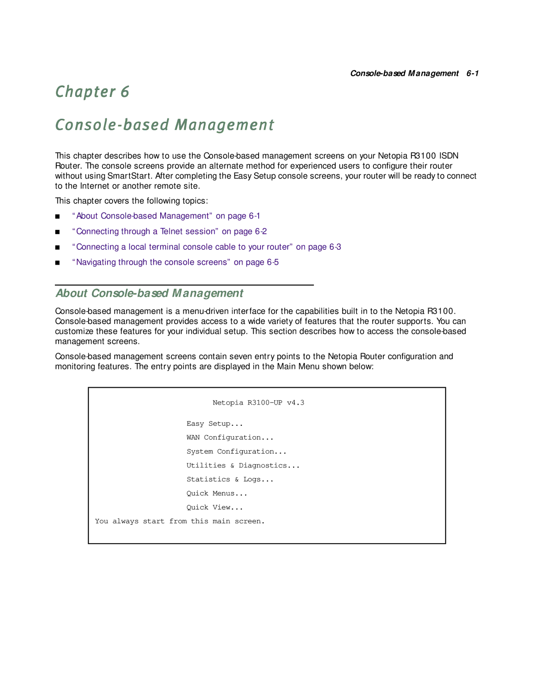 Netopia R3100 manual Chapter Console-based Management, About Console-based Management 