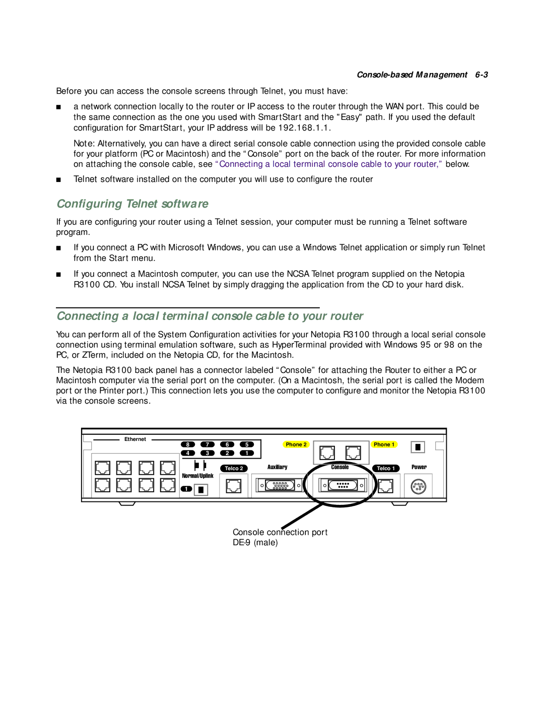 Netopia R3100 manual Conﬁguring Telnet software, Connecting a local terminal console cable to your router 