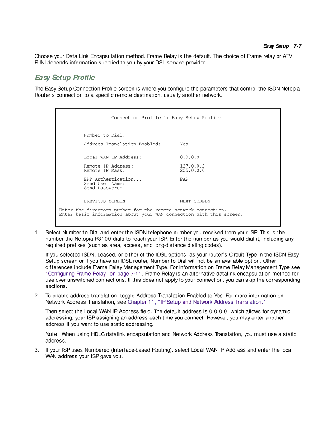 Netopia R3100 manual Easy Setup Proﬁle, Previous Screen 