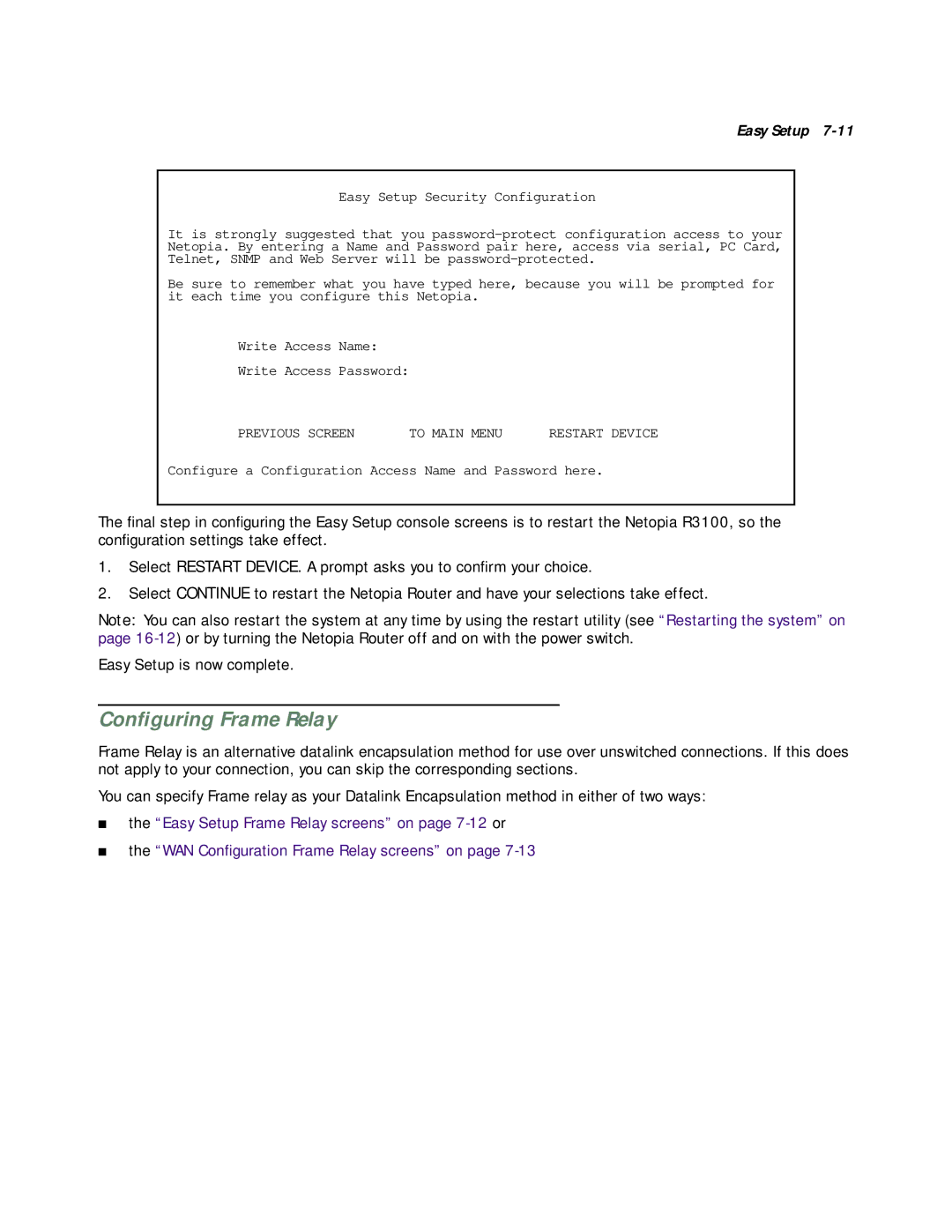 Netopia R3100 manual Conﬁguring Frame Relay 