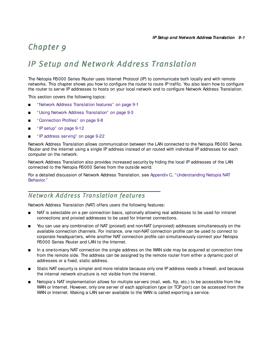 Netopia R5000 manual Chapter IP Setup and Network Address Translation, Network Address Translation features 