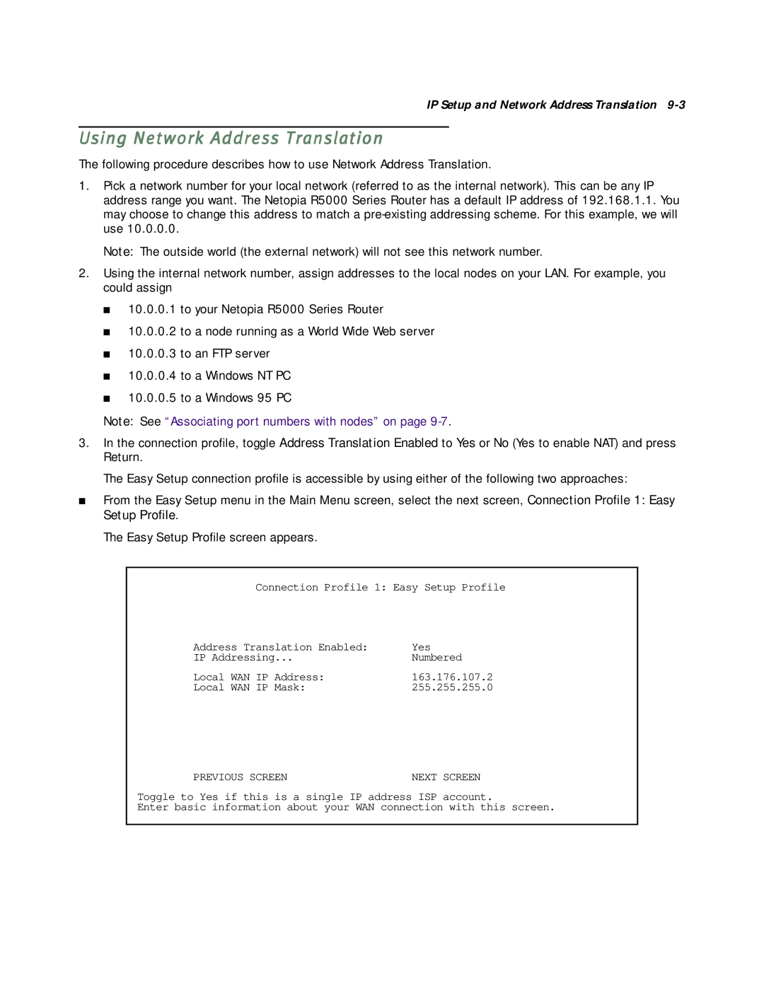 Netopia R5000 manual Using Network Address Translation, Previous Screen 