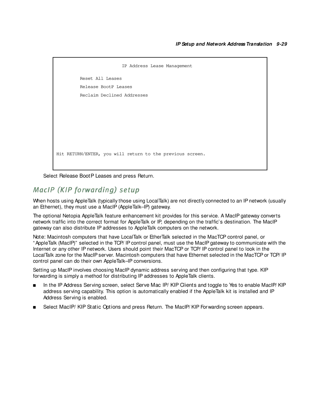 Netopia R5000 manual MacIP KIP forwarding setup, Select Release BootP Leases and press Return 