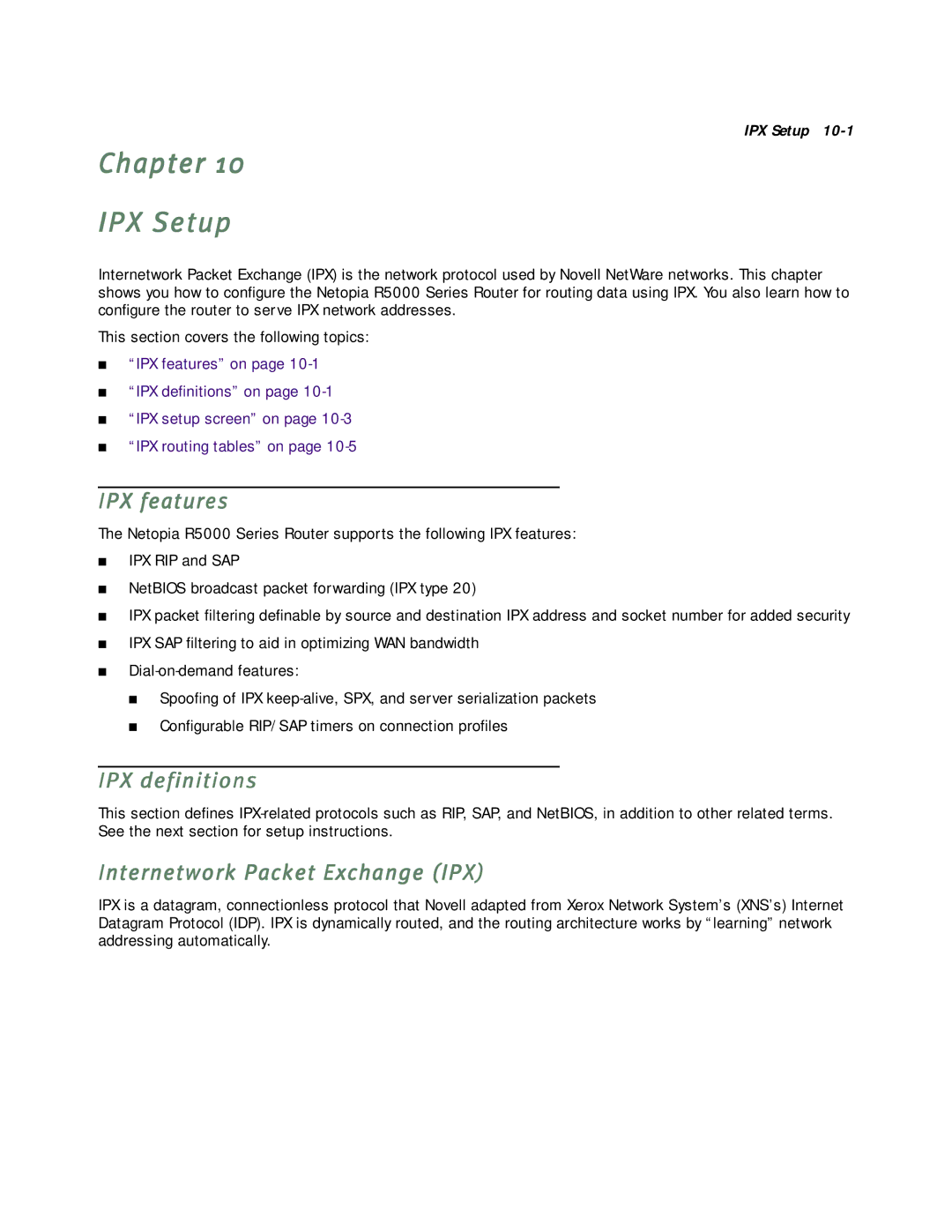 Netopia R5000 manual Chapter IPX Setup, IPX features, IPX definitions, Internetwork Packet Exchange IPX 