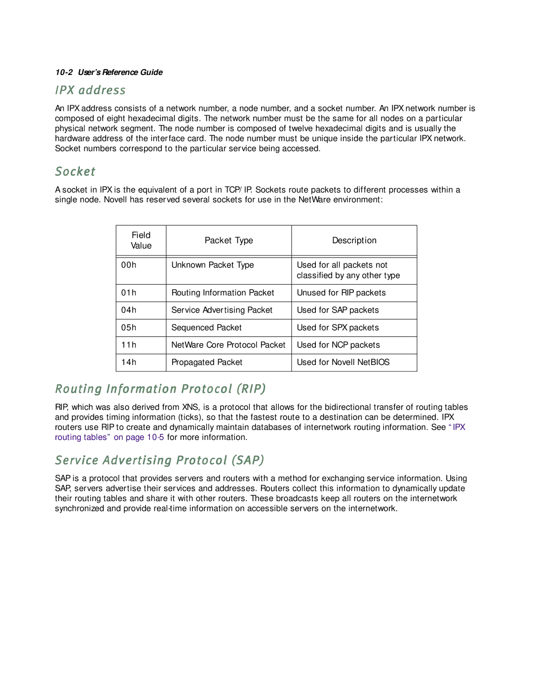 Netopia R5000 manual IPX address, Socket, Routing Information Protocol RIP, Service Advertising Protocol SAP 