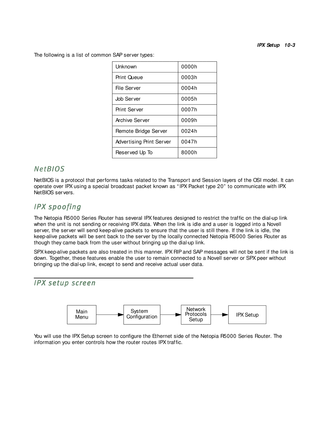 Netopia R5000 manual NetBIOS, IPX spoofing, IPX setup screen 