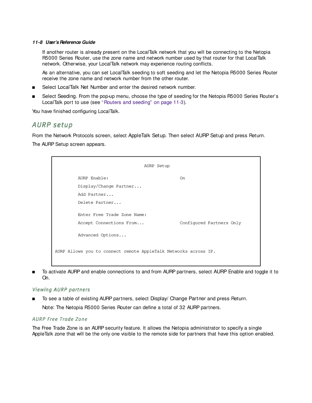 Netopia R5000 manual Aurp setup, Viewing Aurp partners, Aurp Free Trade Zone 