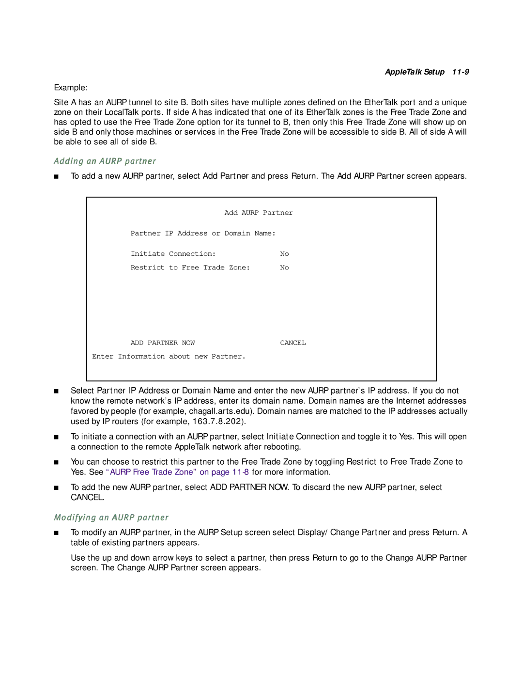 Netopia R5000 manual Adding an Aurp partner, Modifying an Aurp partner 