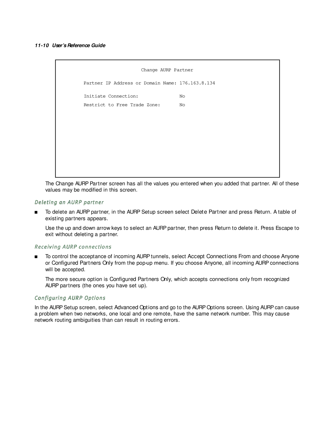 Netopia R5000 manual Deleting an Aurp partner, Receiving Aurp connections, Configuring Aurp Options 