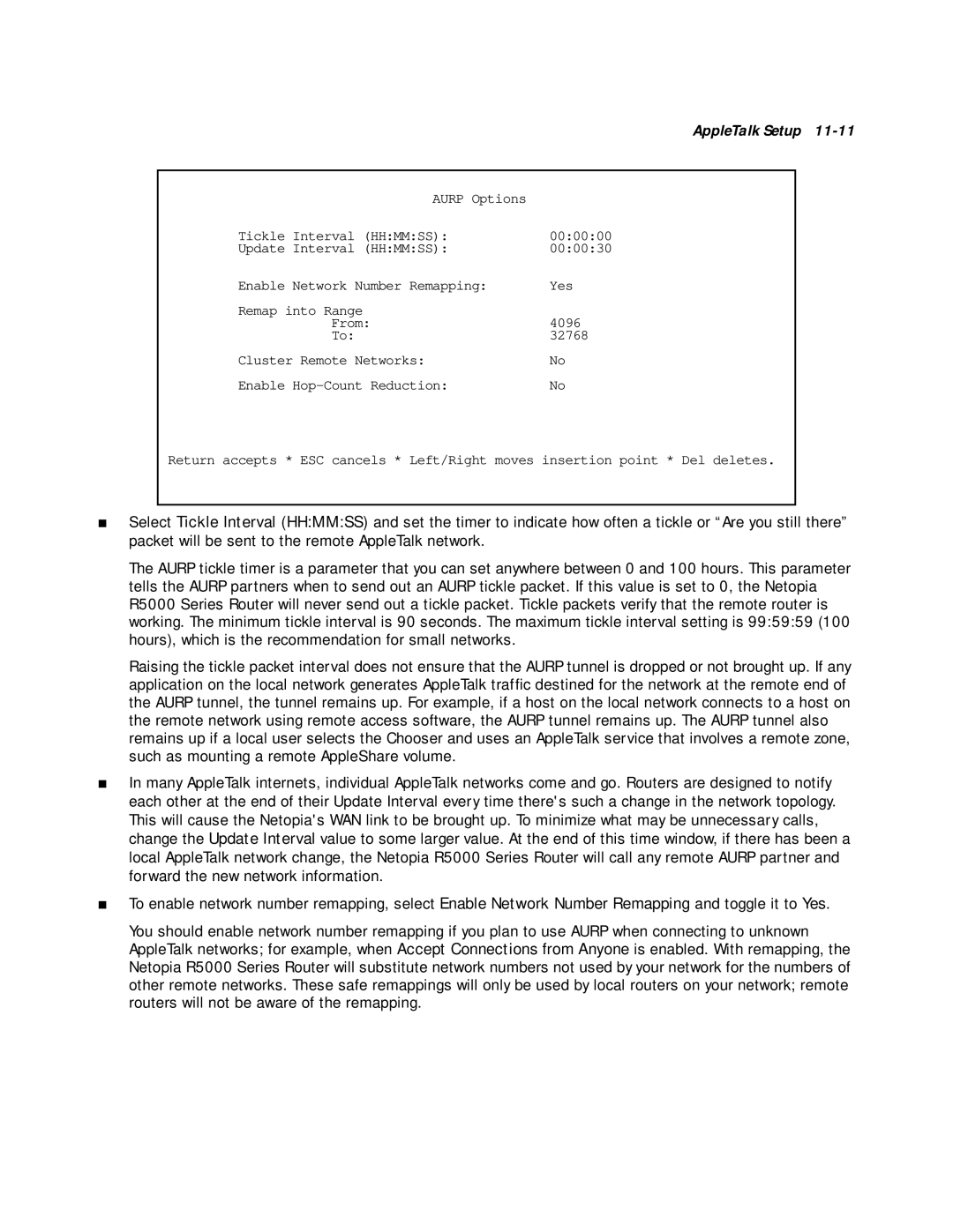 Netopia R5000 manual Aurp Options Tickle Interval Hhmmss 