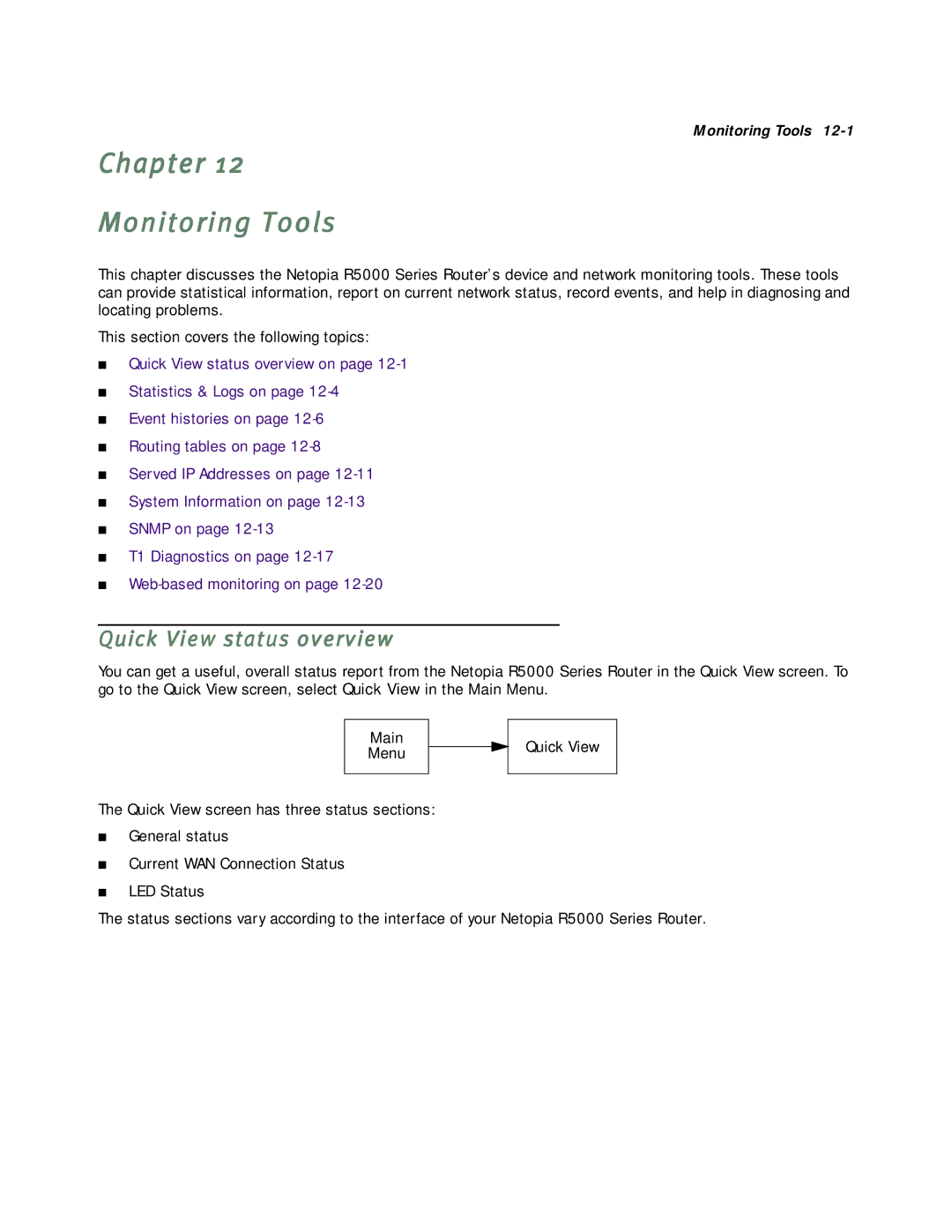 Netopia R5000 manual Chapter Monitoring Tools, Quick View status overview 