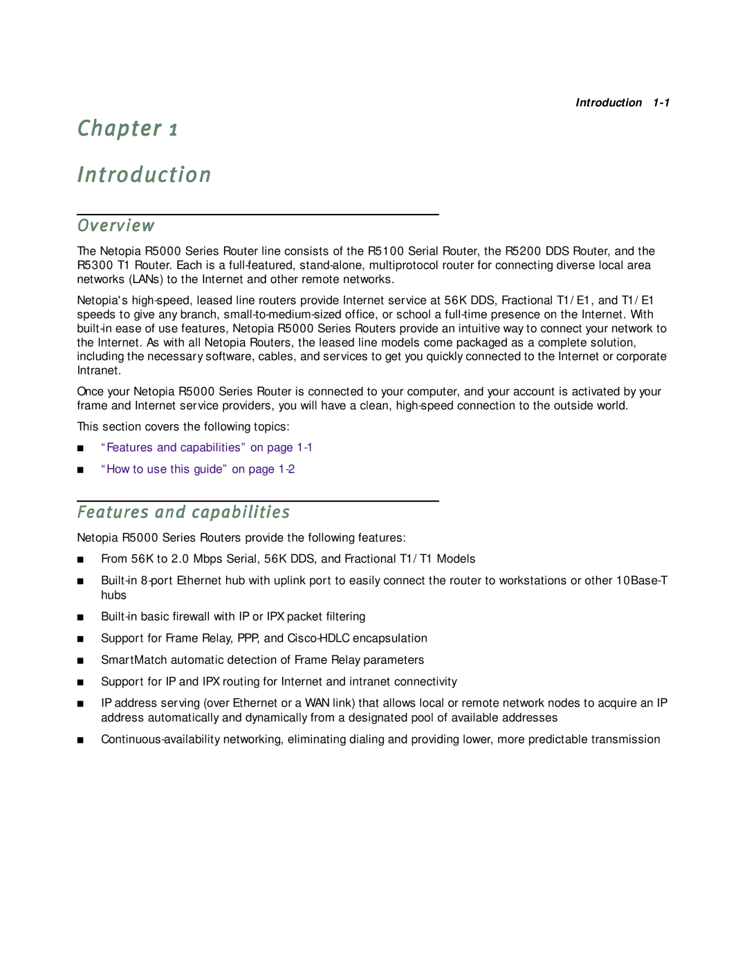 Netopia R5000 manual Chapter Introduction, Overview, Features and capabilities 