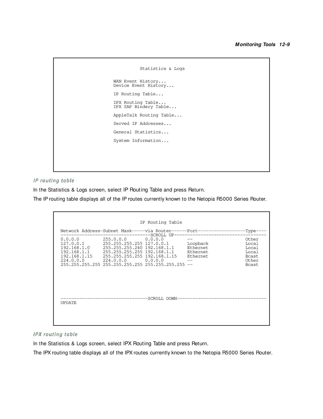 Netopia R5000 manual IP routing table, IPX routing table 