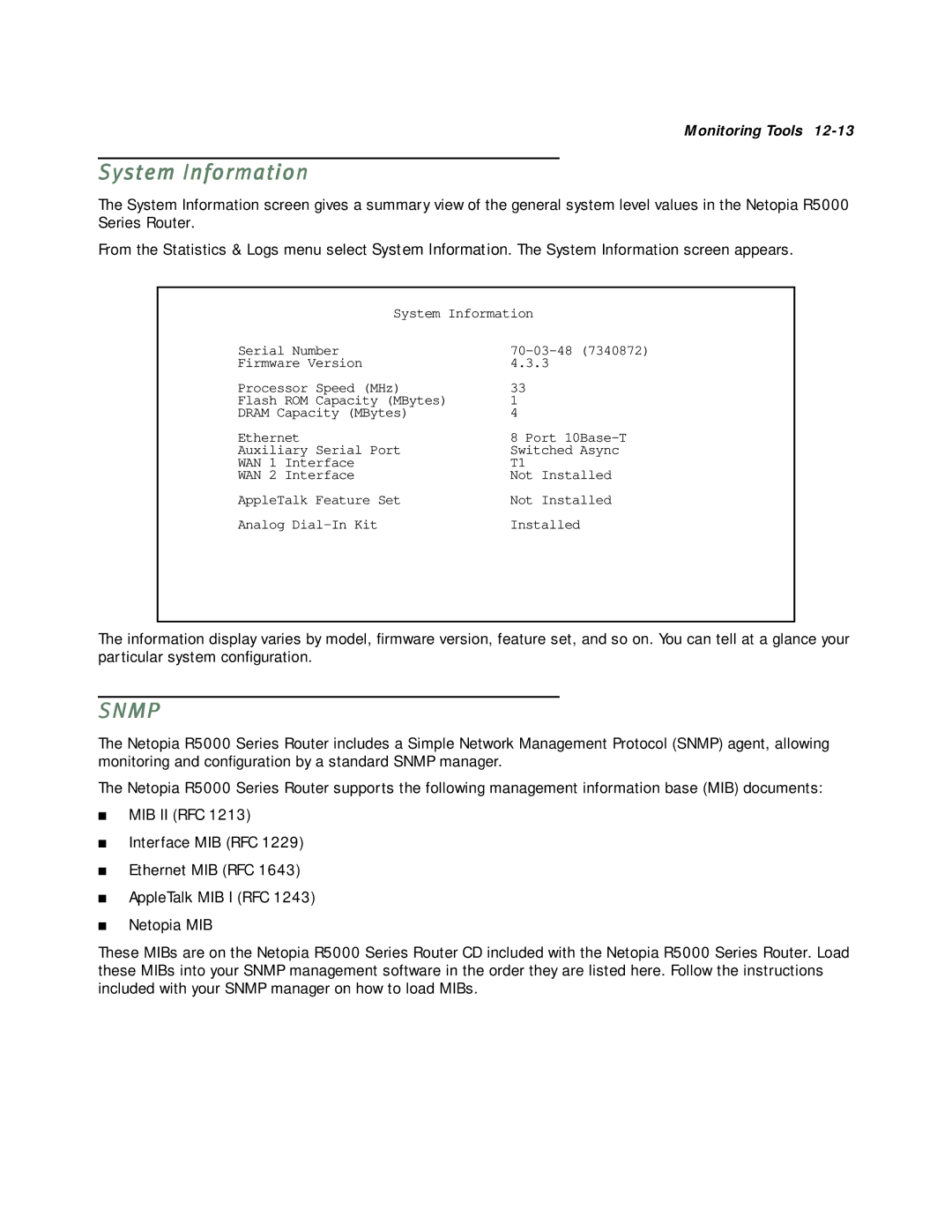 Netopia R5000 manual System Information, Snmp 