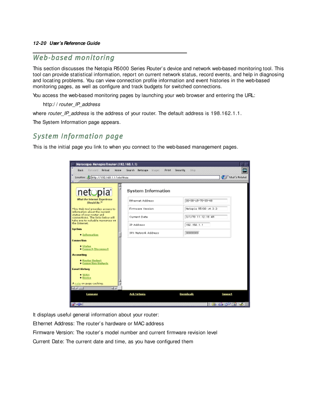 Netopia R5000 manual Web-based monitoring, System Information 