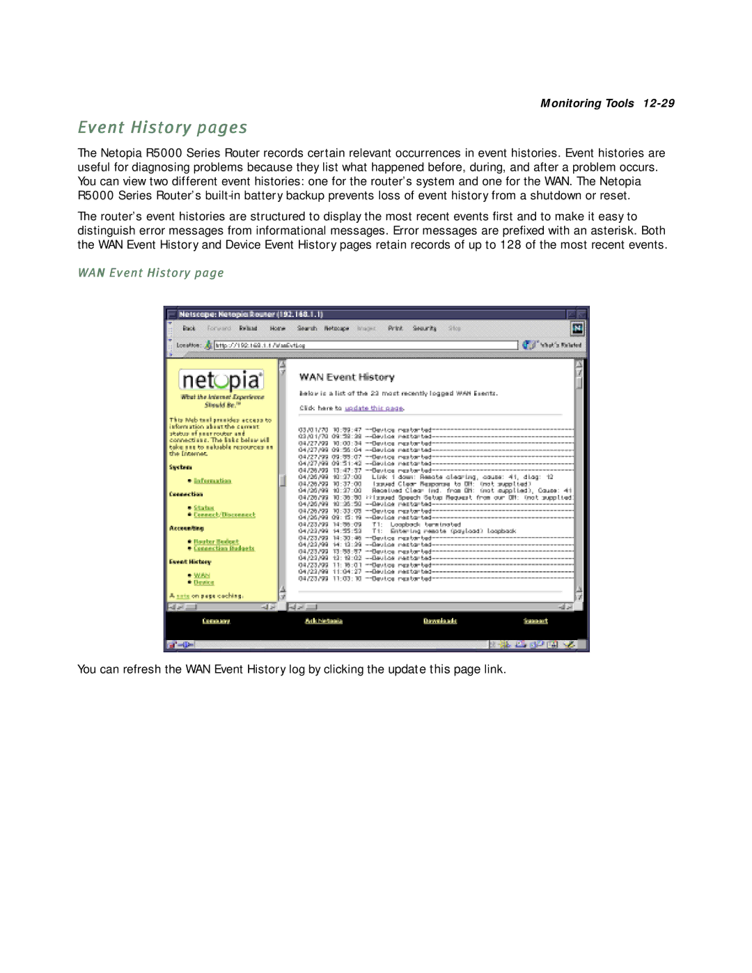Netopia R5000 manual Event History pages, WAN Event History 
