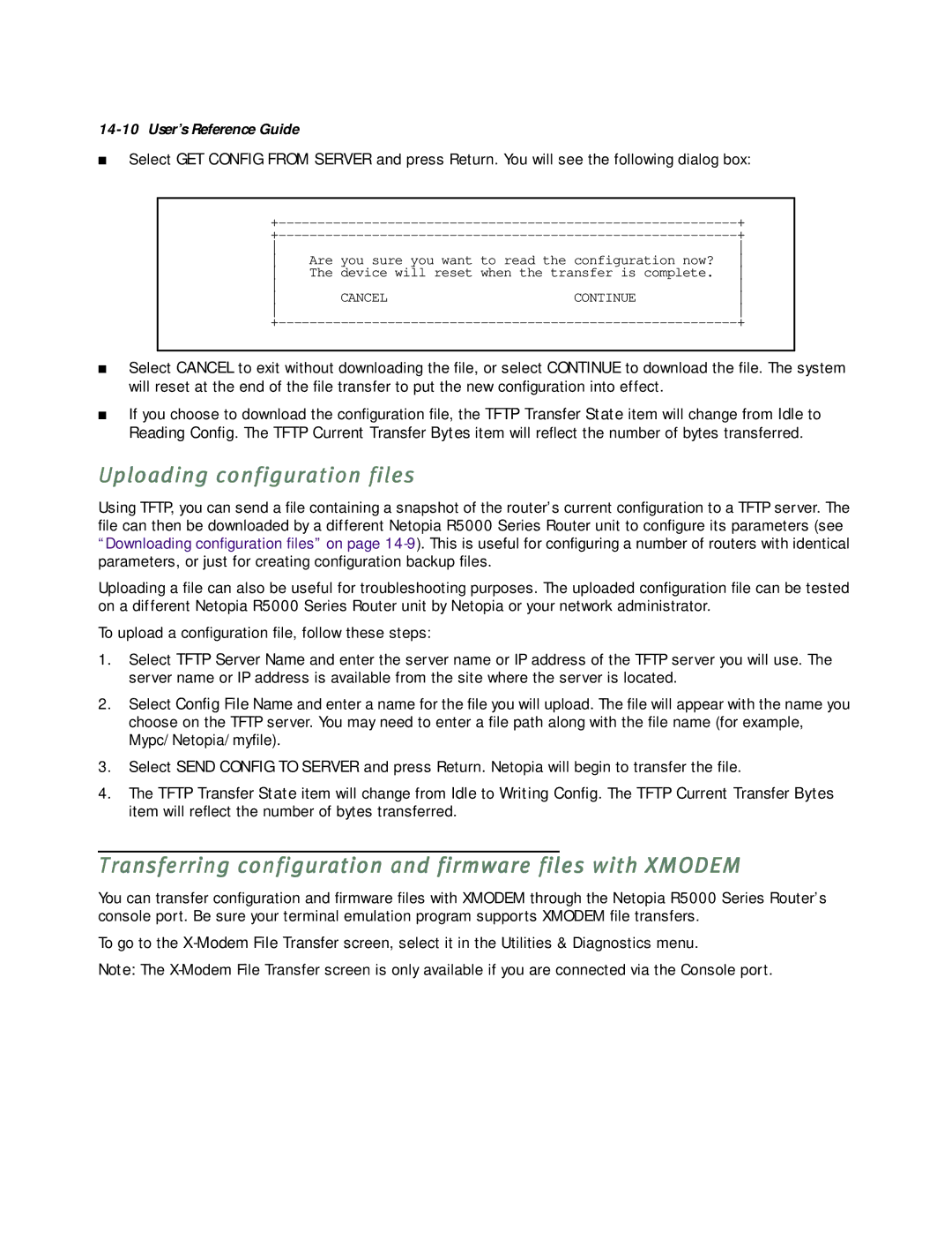 Netopia R5000 manual Uploading configuration files, Transferring configuration and firmware files with Xmodem 