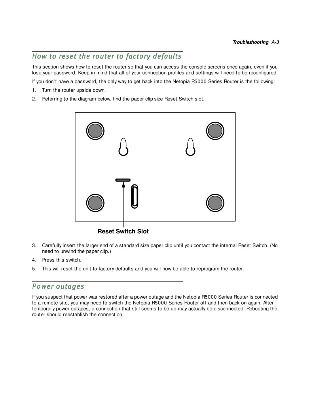 Netopia R5000 manual How to reset the router to factory defaults, Power outages 