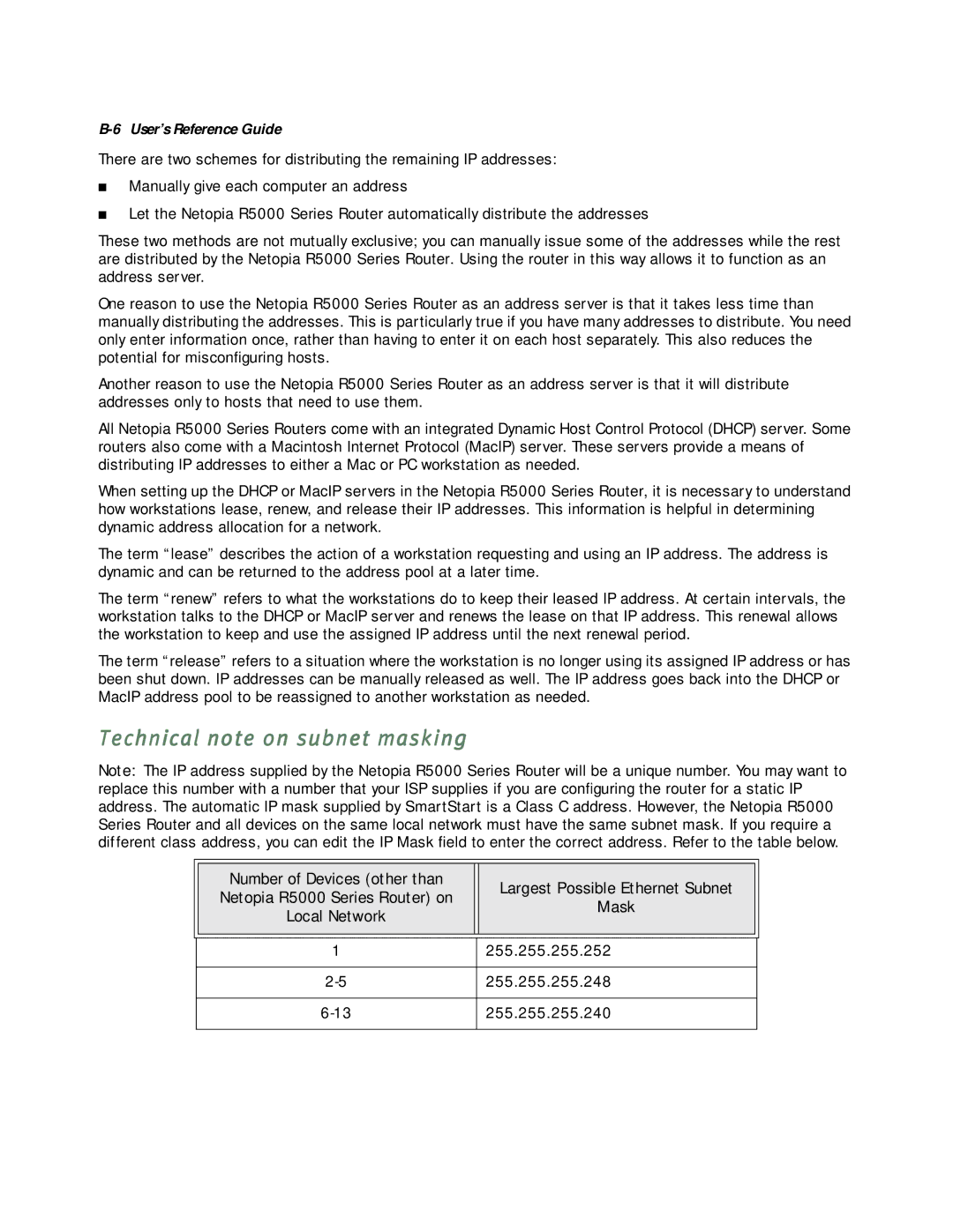 Netopia R5000 manual Technical note on subnet masking 