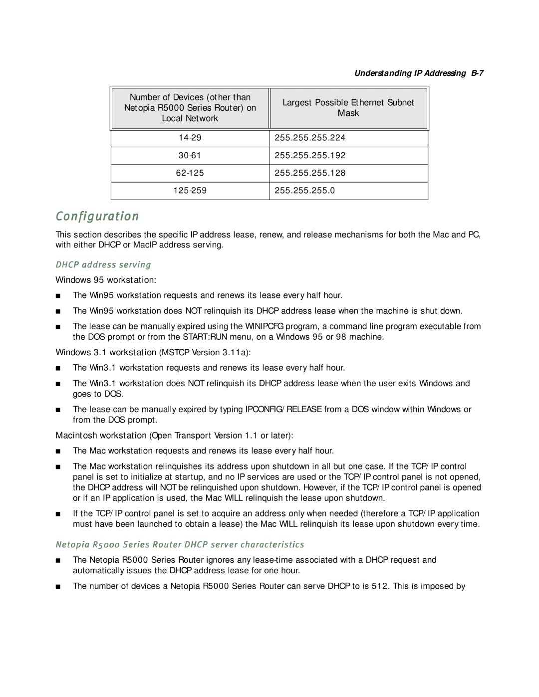 Netopia R5000 manual Configuration, 255.255.255.192, 255.255.255.0, Dhcp address serving 