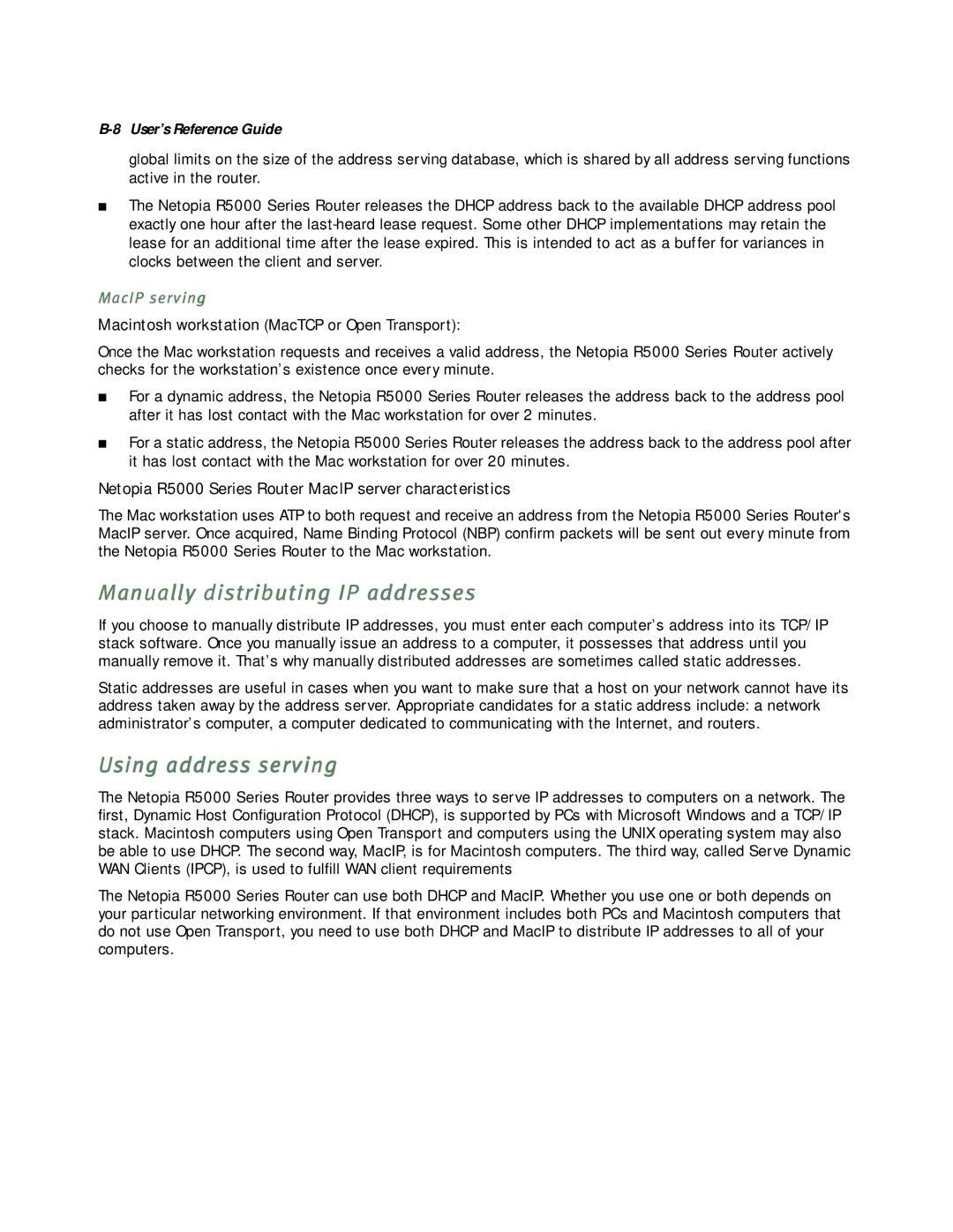 Netopia R5000 manual Manually distributing IP addresses, Using address serving, MacIP serving 