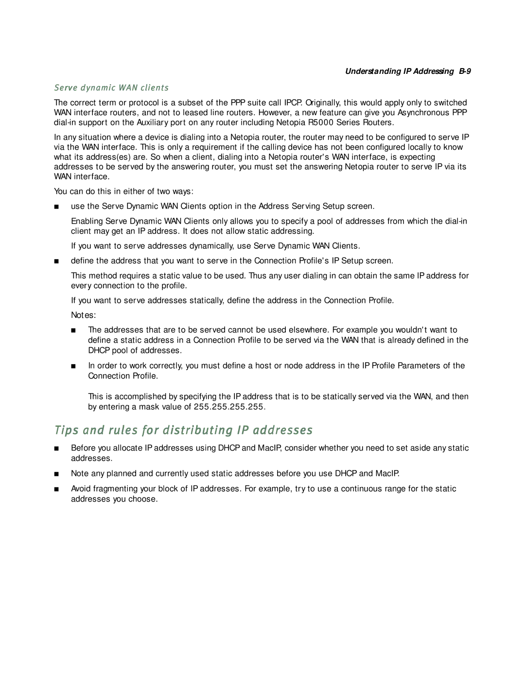 Netopia R5000 manual Tips and rules for distributing IP addresses, Serve dynamic WAN clients 